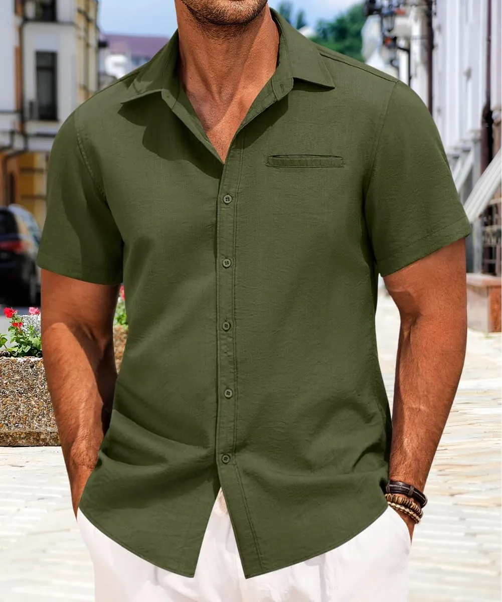 Button Down Shirt for Men Linen Short Sleeve Shirts Summer Casual Loose Solid Color Beach Shirts Tops