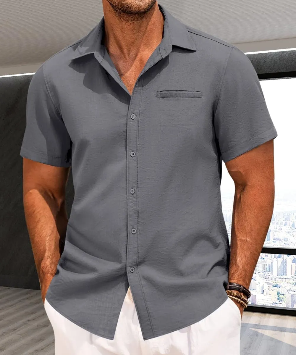 Button Down Shirt for Men Linen Short Sleeve Shirts Summer Casual Loose Solid Color Beach Shirts Tops