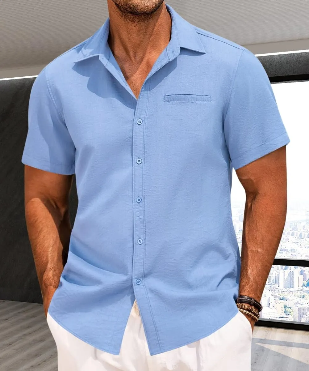 Button Down Shirt for Men Linen Short Sleeve Shirts Summer Casual Loose Solid Color Beach Shirts Tops