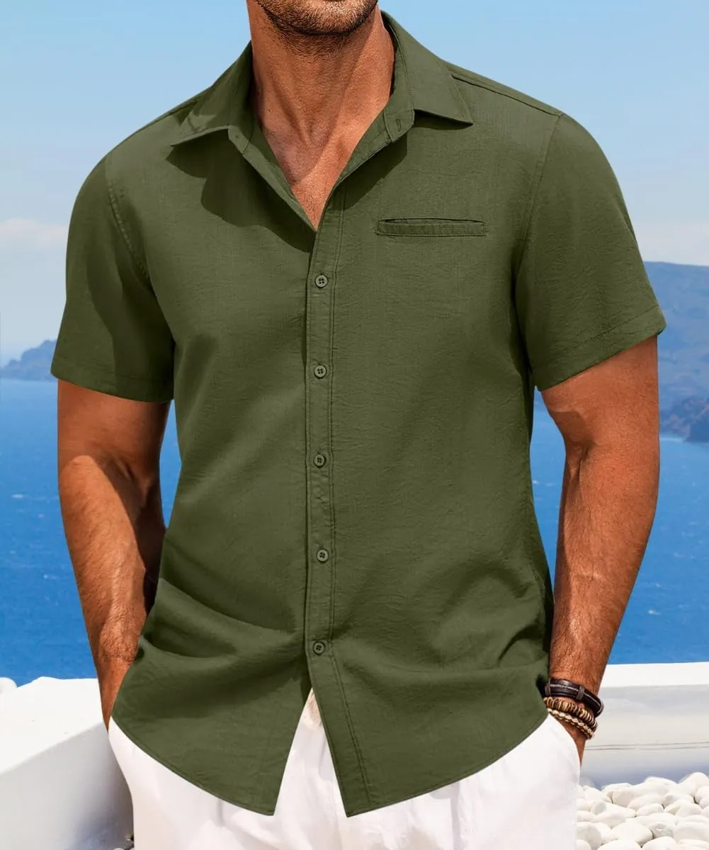 Button Down Shirt for Men Linen Short Sleeve Shirts Summer Casual Loose Solid Color Beach Shirts Tops
