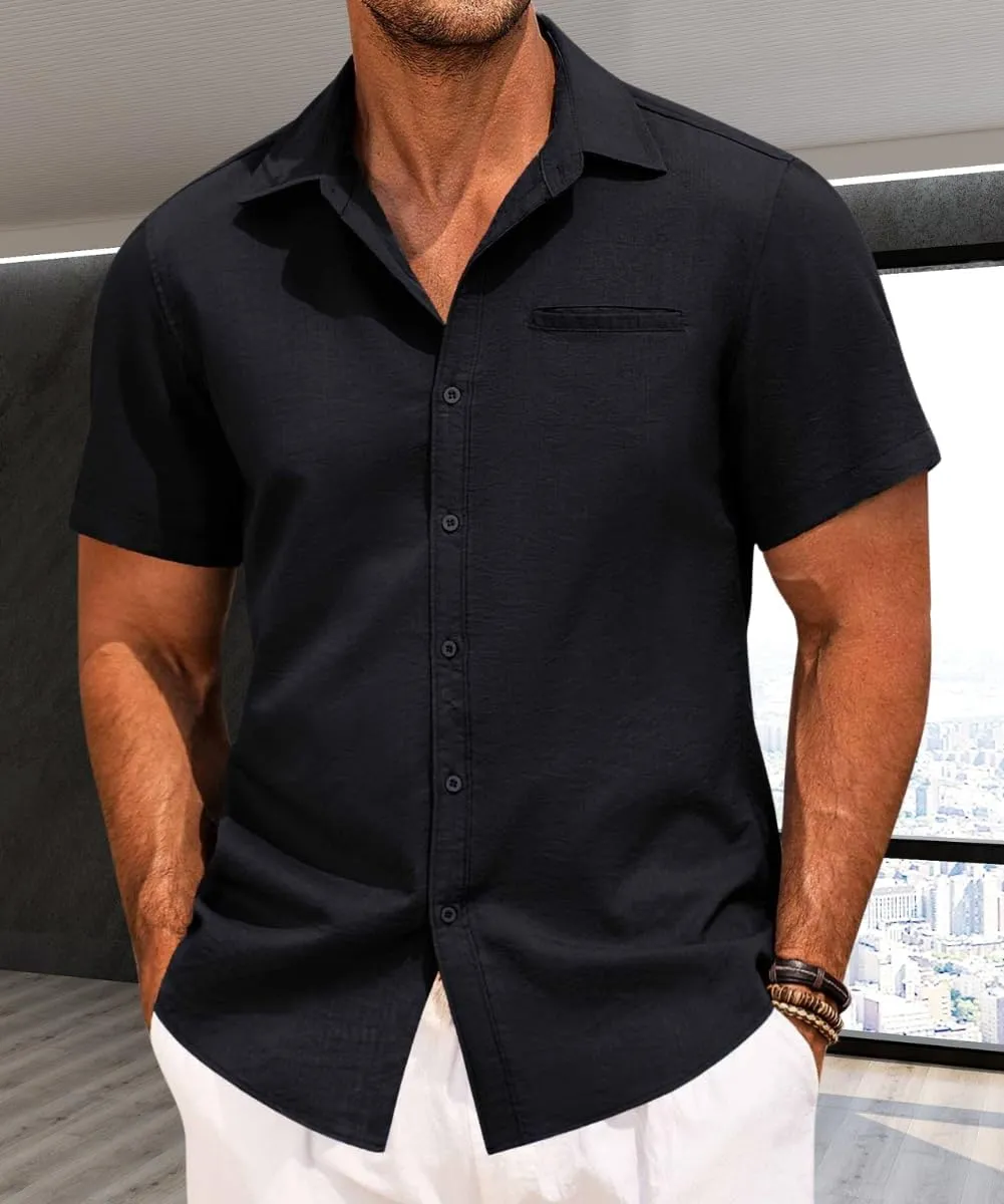 Button Down Shirt for Men Linen Short Sleeve Shirts Summer Casual Loose Solid Color Beach Shirts Tops