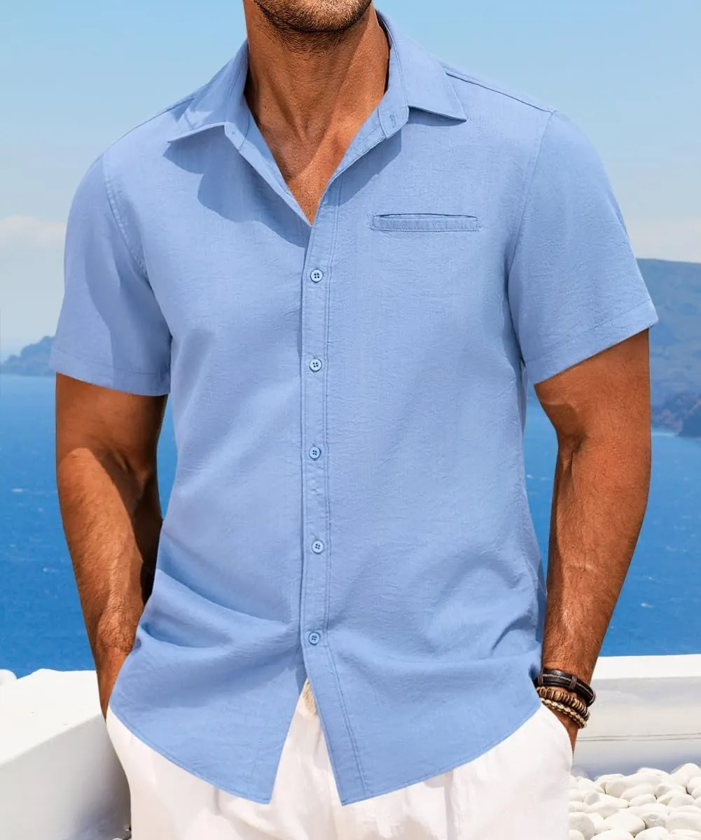 Button Down Shirt for Men Linen Short Sleeve Shirts Summer Casual Loose Solid Color Beach Shirts Tops