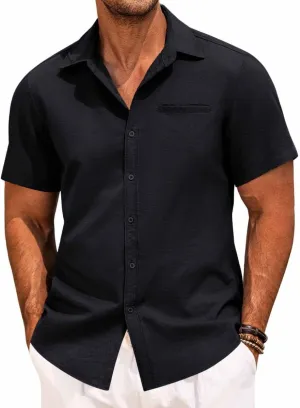 Button Down Shirt for Men Linen Short Sleeve Shirts Summer Casual Loose Solid Color Beach Shirts Tops