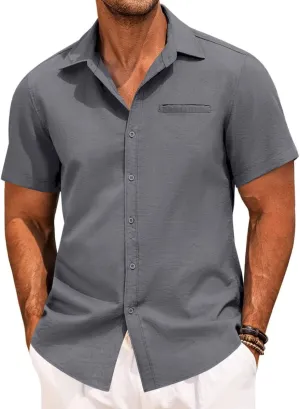 Button Down Shirt for Men Linen Short Sleeve Shirts Summer Casual Loose Solid Color Beach Shirts Tops