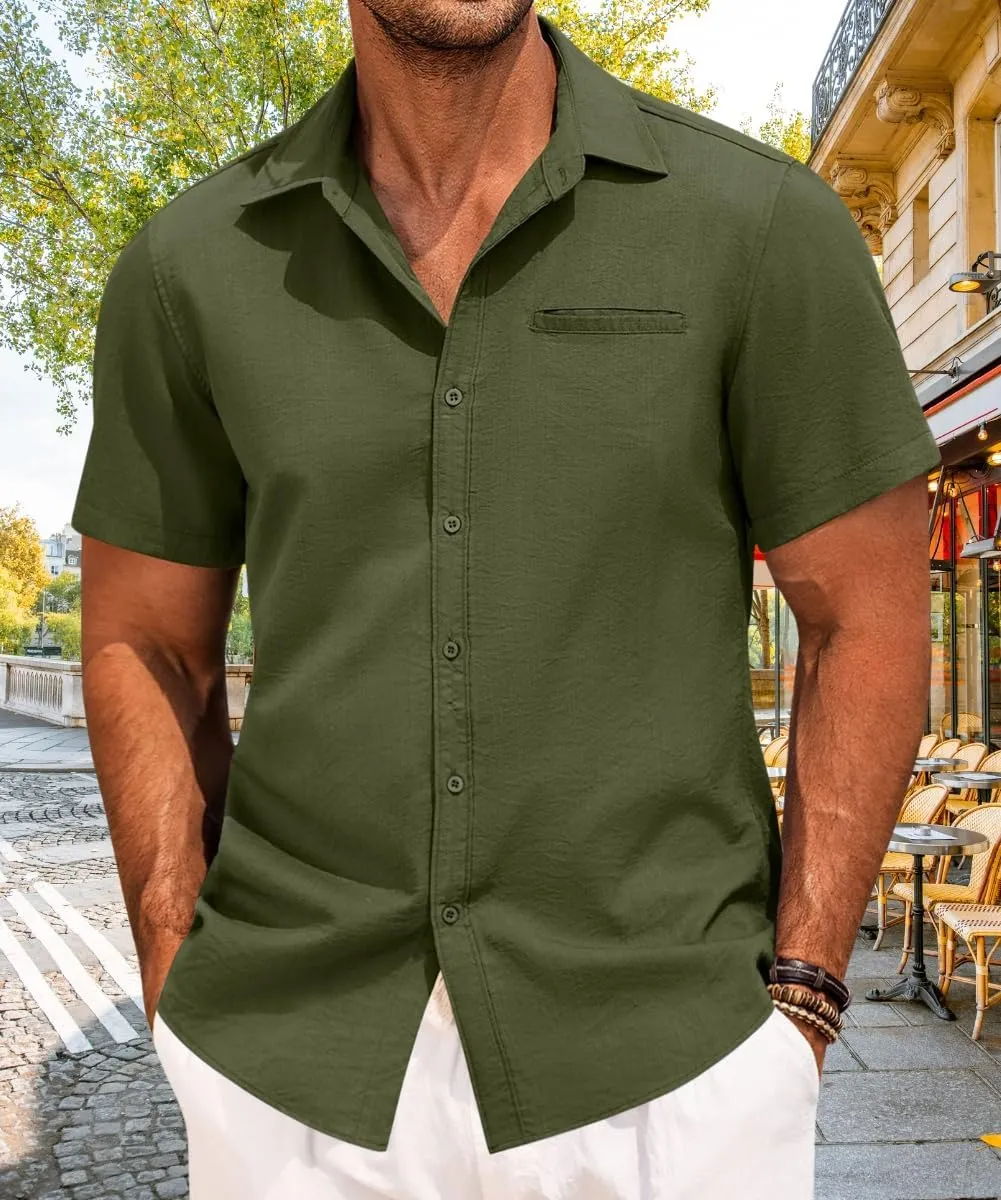 Button Down Shirt for Men Linen Short Sleeve Shirts Summer Casual Loose Solid Color Beach Shirts Tops