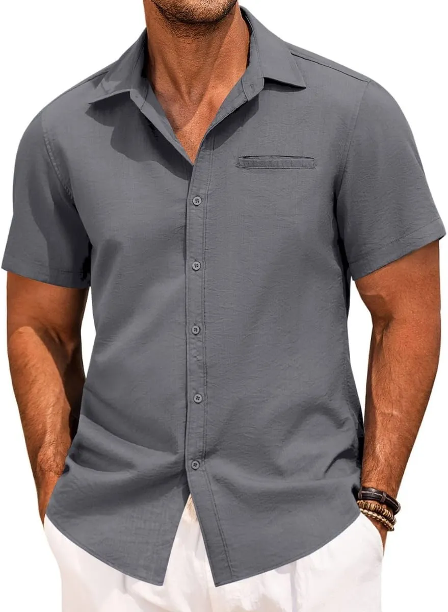 Button Down Shirt for Men Linen Short Sleeve Shirts Summer Casual Loose Solid Color Beach Shirts Tops