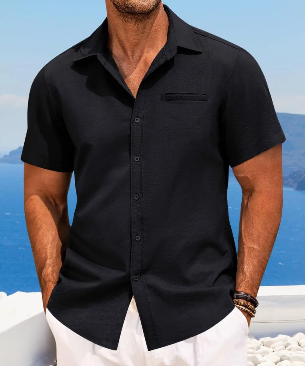 Button Down Shirt for Men Linen Short Sleeve Shirts Summer Casual Loose Solid Color Beach Shirts Tops