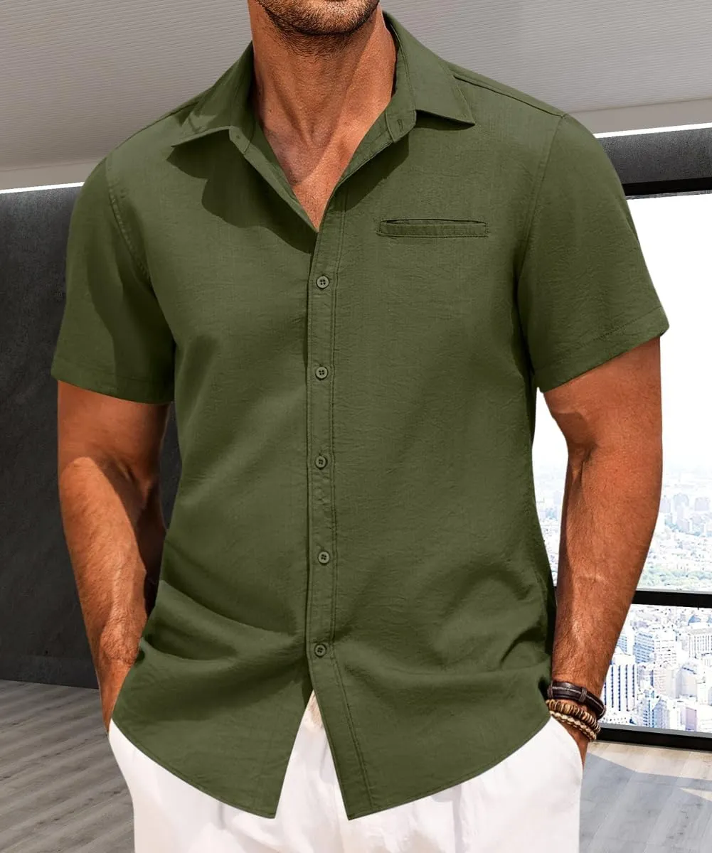 Button Down Shirt for Men Linen Short Sleeve Shirts Summer Casual Loose Solid Color Beach Shirts Tops