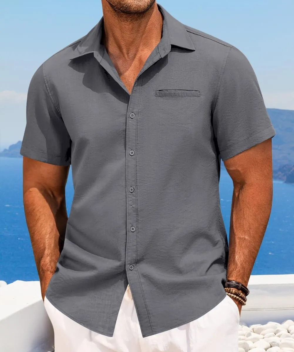 Button Down Shirt for Men Linen Short Sleeve Shirts Summer Casual Loose Solid Color Beach Shirts Tops