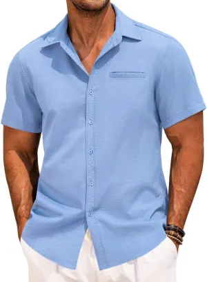 Button Down Shirt for Men Linen Short Sleeve Shirts Summer Casual Loose Solid Color Beach Shirts Tops