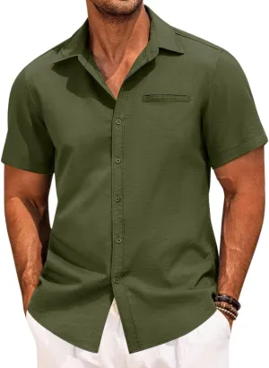 Button Down Shirt for Men Linen Short Sleeve Shirts Summer Casual Loose Solid Color Beach Shirts Tops