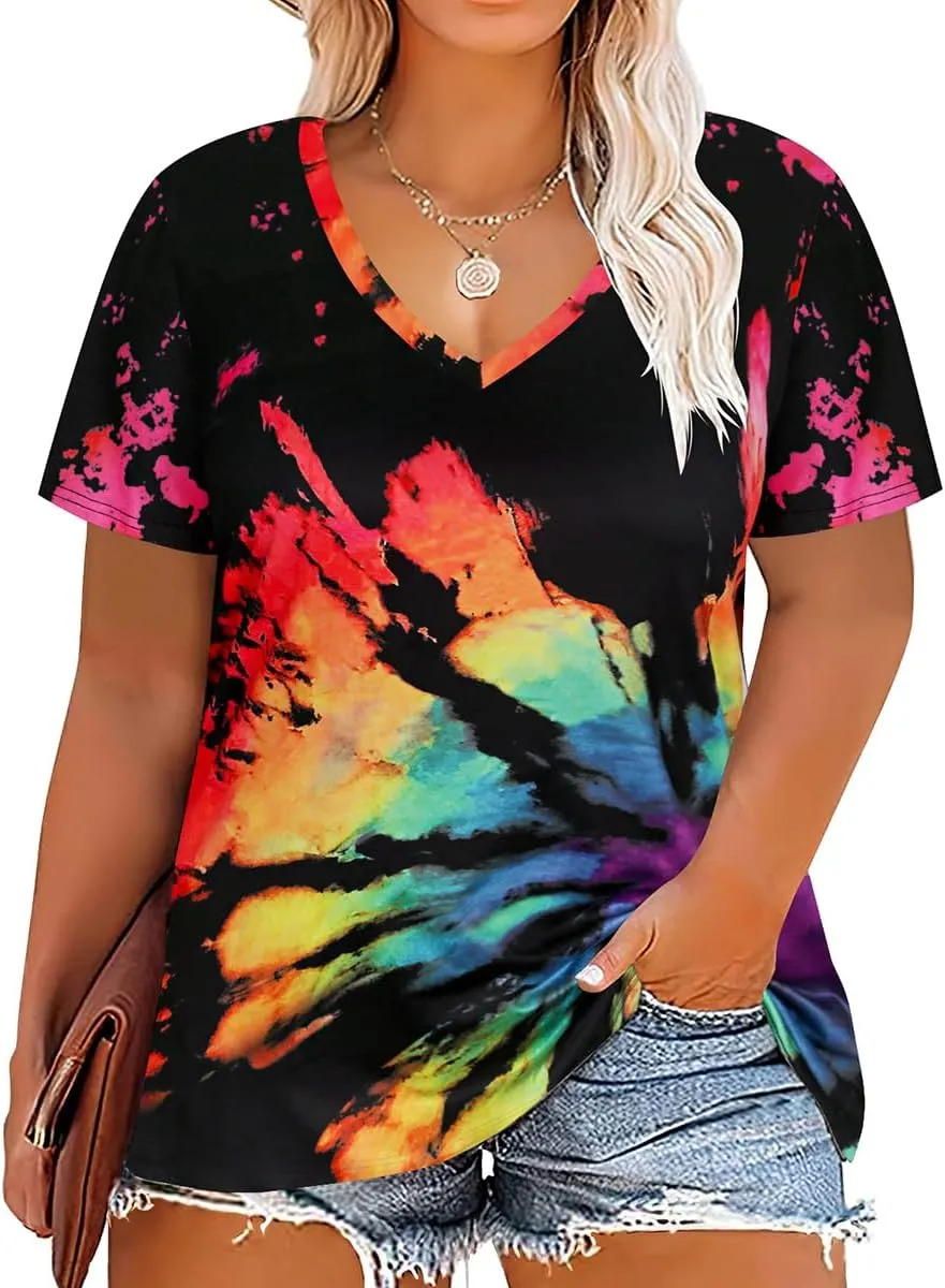 CARCOS Womens Plus Size Tops Short Sleeve Shirts V Neck Tunic Floral/Aniaml Blouses XL-5X