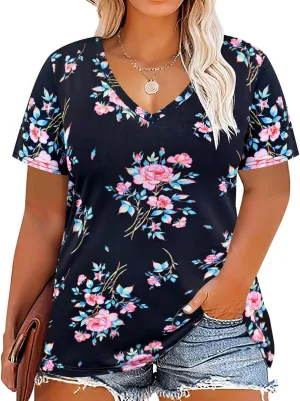 CARCOS Womens Plus Size Tops Short Sleeve Shirts V Neck Tunic Floral/Aniaml Blouses XL-5X