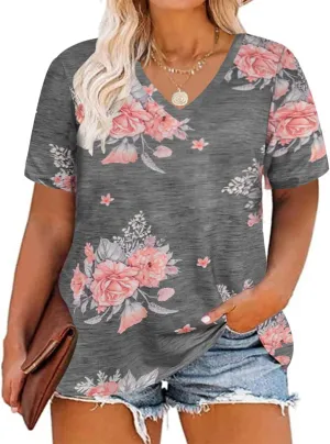 CARCOS Womens Plus Size Tops Short Sleeve Shirts V Neck Tunic Floral/Aniaml Blouses XL-5X