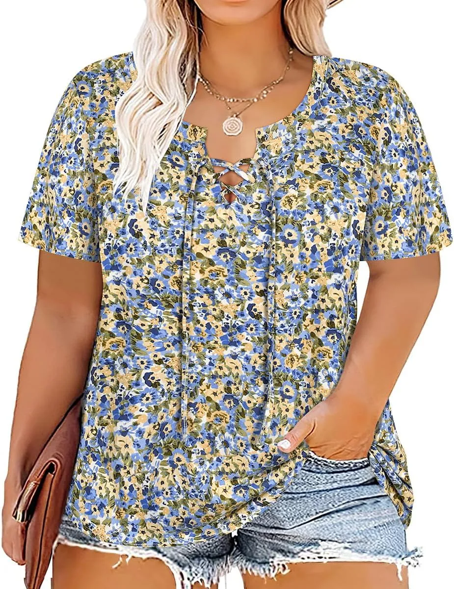 CARCOS Womens Plus Size Tops Short Sleeve Shirts V Neck Tunic Floral/Tie Dye/Solid Summer Tees XL-5X