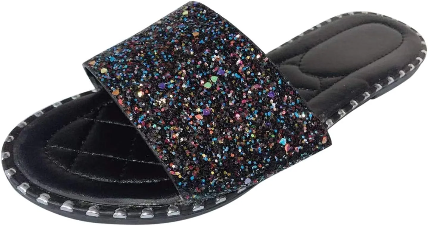 Casual Flat Sandals for Women, Summer Dressy Beach Slip on Sandals Shoes Bohemian Open-Toe Rhinestone Glitter Bling Slide Slippers
