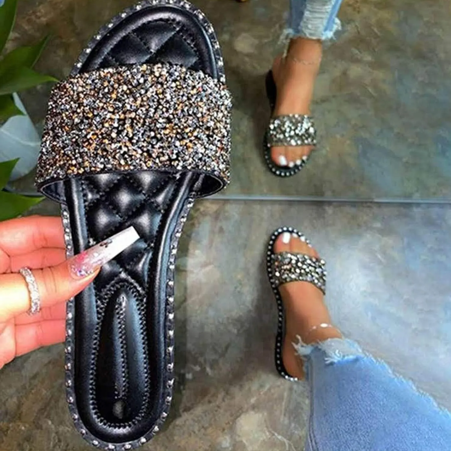 Casual Flat Sandals for Women, Summer Dressy Beach Slip on Sandals Shoes Bohemian Open-Toe Rhinestone Glitter Bling Slide Slippers