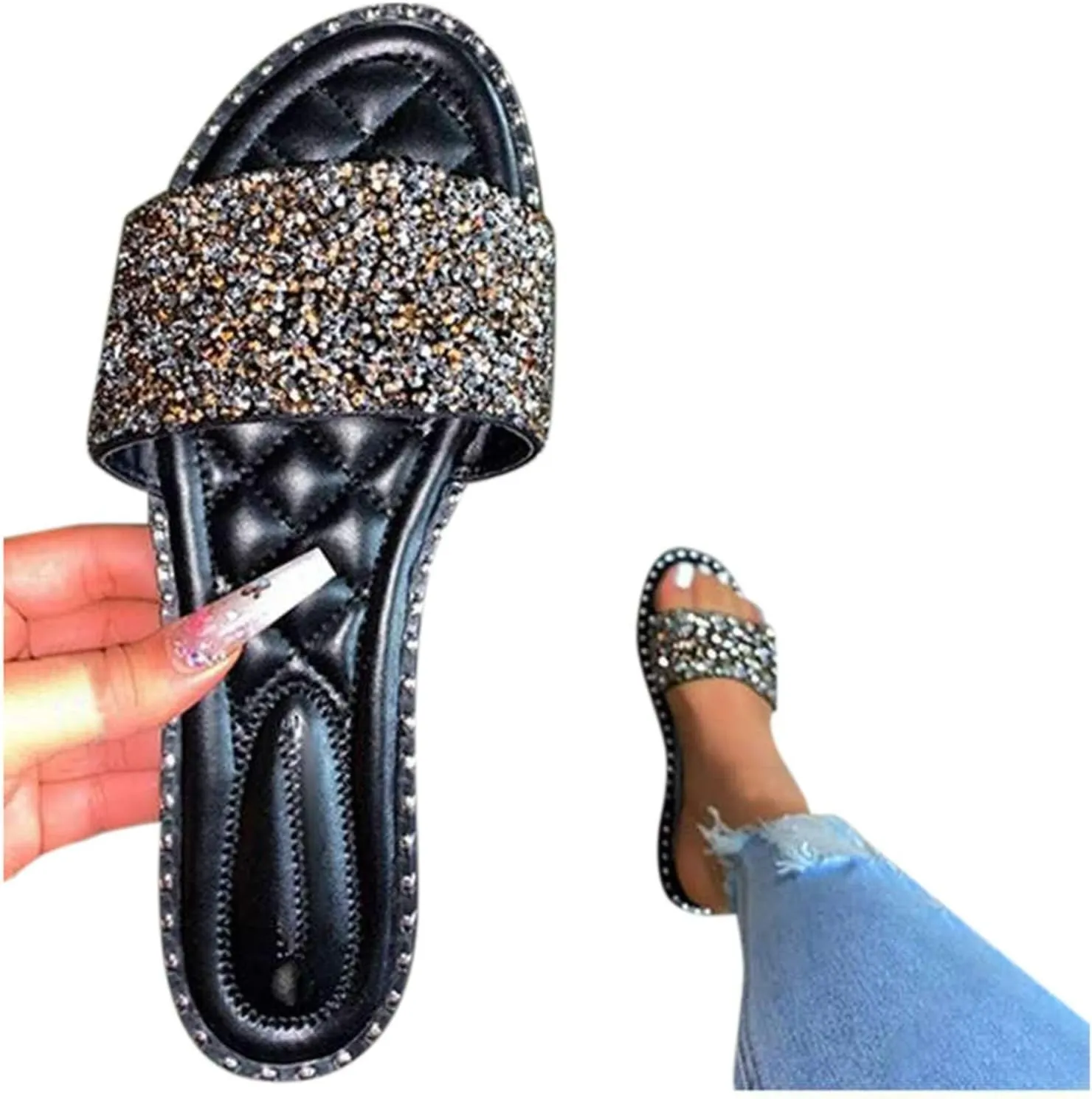 Casual Flat Sandals for Women, Summer Dressy Beach Slip on Sandals Shoes Bohemian Open-Toe Rhinestone Glitter Bling Slide Slippers