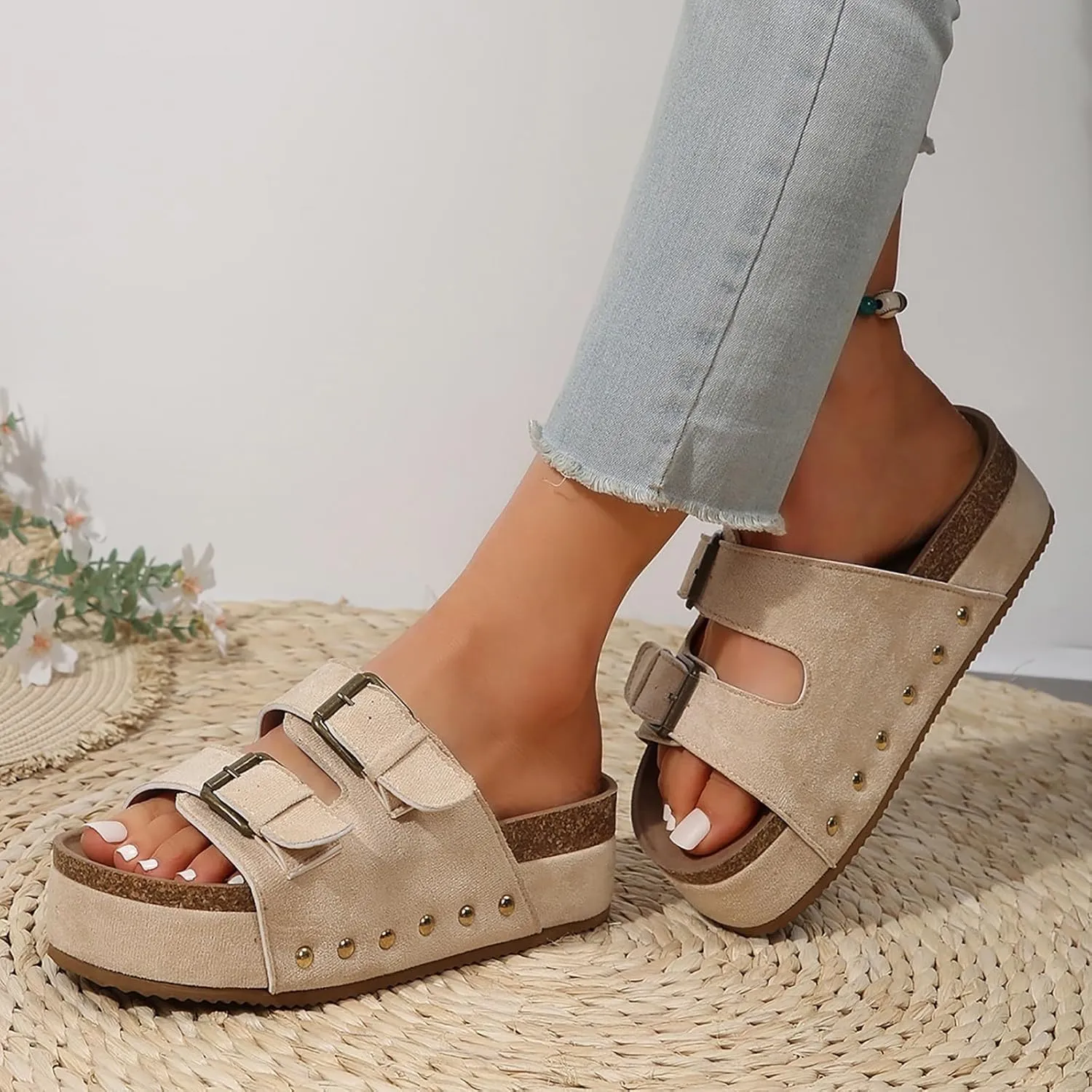 Cathalem Flat Sandals Women Genuine Leather Memory Foam Beach Essentials Womens Sandals Cork Footbed Women's Sandals