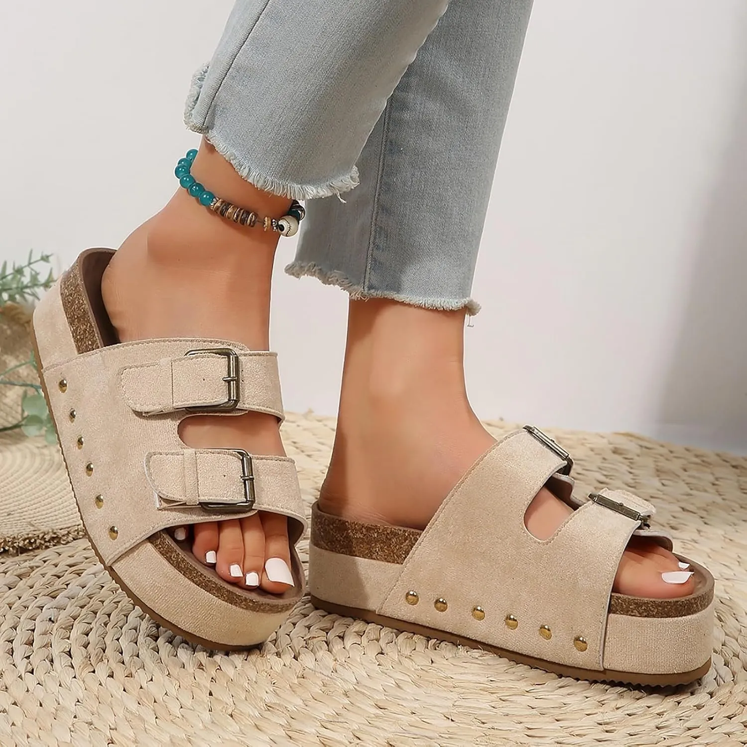 Cathalem Flat Sandals Women Genuine Leather Memory Foam Beach Essentials Womens Sandals Cork Footbed Women's Sandals