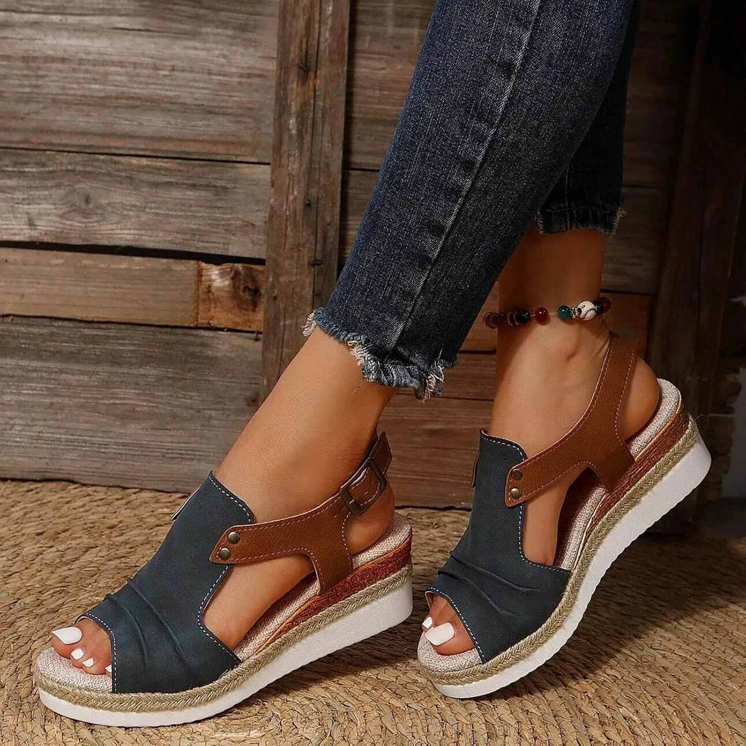 Cathalem Sandals Women Orthopedic Platform Wedge Sandals Flat Open Toe Ankle Strap Espadrilles Sandals Beach Boho Sandals
