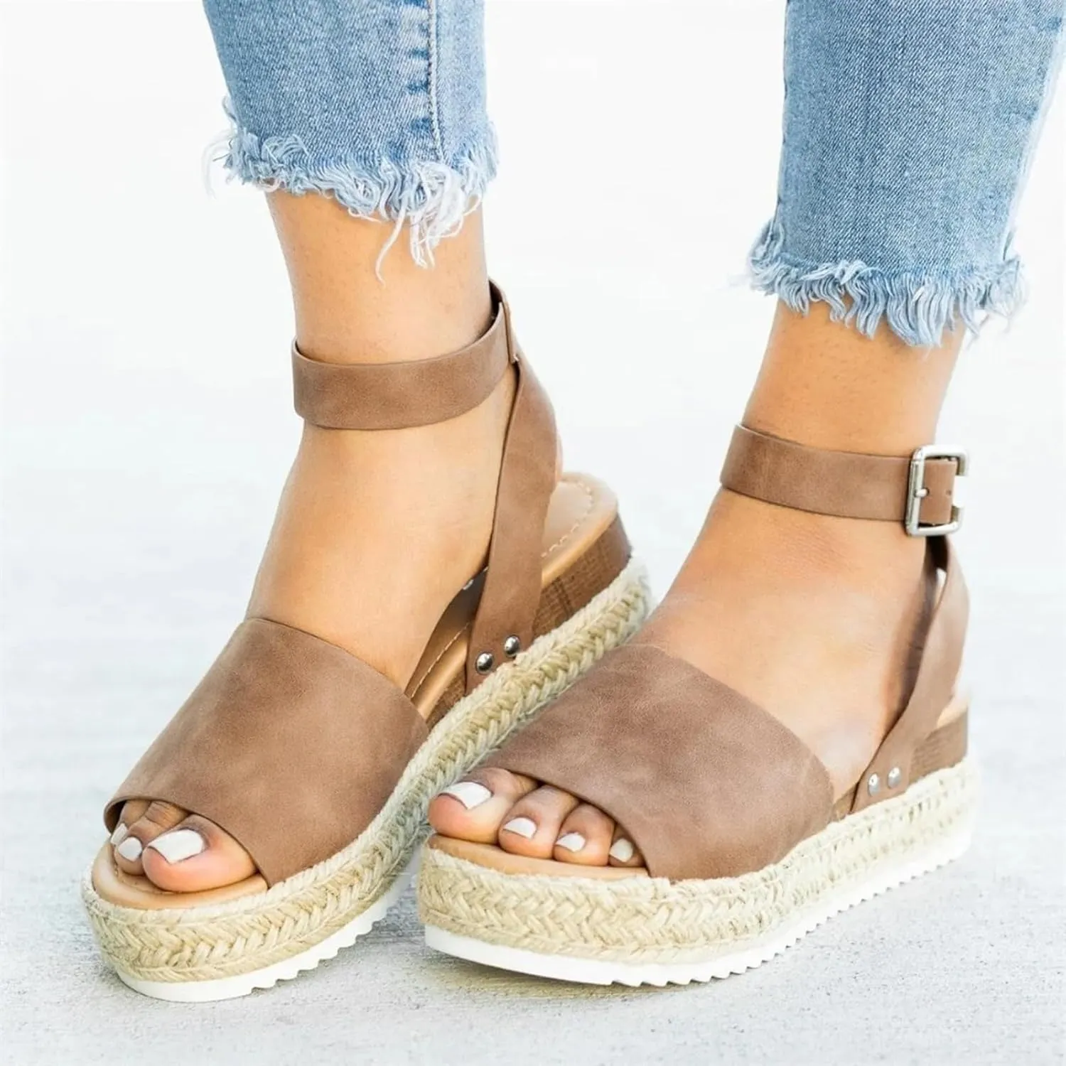 Cathalem Summer Sandals for Women 2024 Buckle Ankle Strap Open Toe Platform Sandals Casual Sandals Comfortable Wedge Sandals