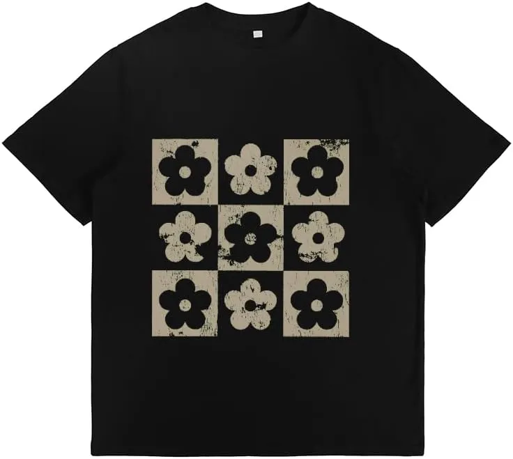 Checkered Flowers Graphic T Shirt Retro Flowers Print Tees Boho Floral for Mom Spring Trendy T-Shirt