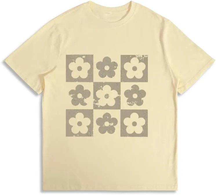 Checkered Flowers Graphic T Shirt Retro Flowers Print Tees Boho Floral for Mom Spring Trendy T-Shirt