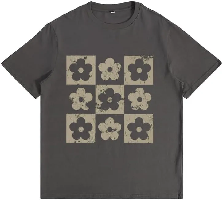 Checkered Flowers Graphic T Shirt Retro Flowers Print Tees Boho Floral for Mom Spring Trendy T-Shirt