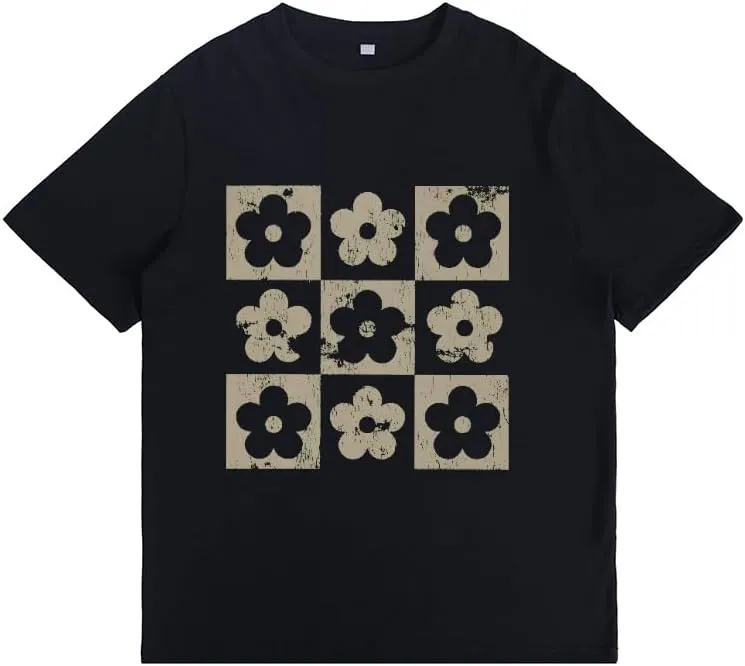 Checkered Flowers Graphic T Shirt Retro Flowers Print Tees Boho Floral for Mom Spring Trendy T-Shirt