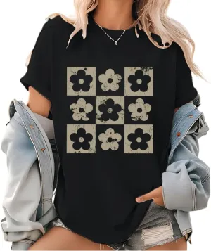 Checkered Flowers Graphic T Shirt Retro Flowers Print Tees Boho Floral for Mom Spring Trendy T-Shirt
