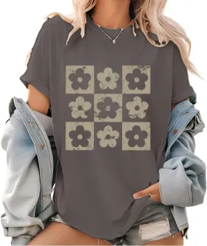 Checkered Flowers Graphic T Shirt Retro Flowers Print Tees Boho Floral for Mom Spring Trendy T-Shirt