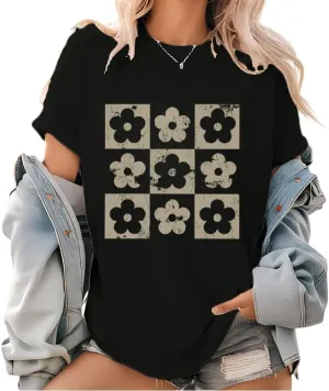 Checkered Flowers Graphic T Shirt Retro Flowers Print Tees Boho Floral for Mom Spring Trendy T-Shirt