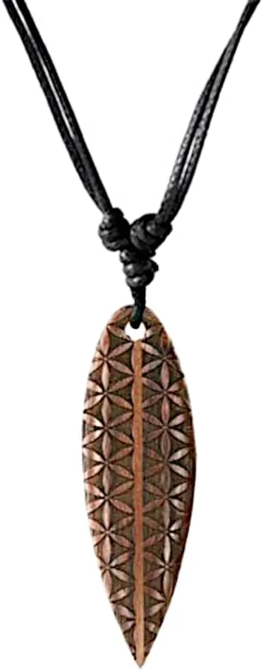 CHICNET Wooden Surfer Necklace Engraved Cotton Adjustable Dark Brown Brown Surfboard Women Men Wooden Chain Waves Palm Tree Star Hibiscus Flower of Life Mandala Spiral, Wood, Wood