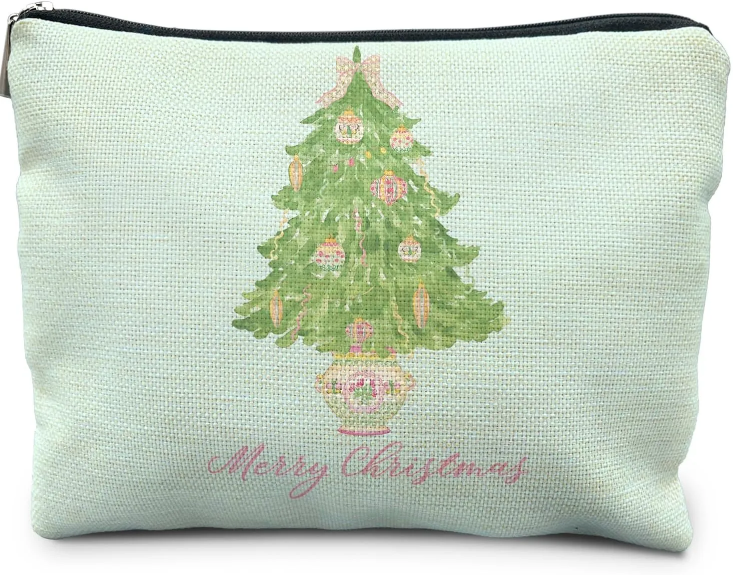 Chinoiserie Christmas Tree Cosmetic Pouch, Merry Christmas Makeup Bag for Women, Pink and Green