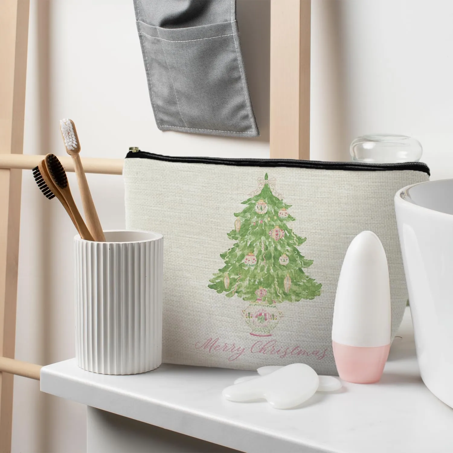 Chinoiserie Christmas Tree Cosmetic Pouch, Merry Christmas Makeup Bag for Women, Pink and Green