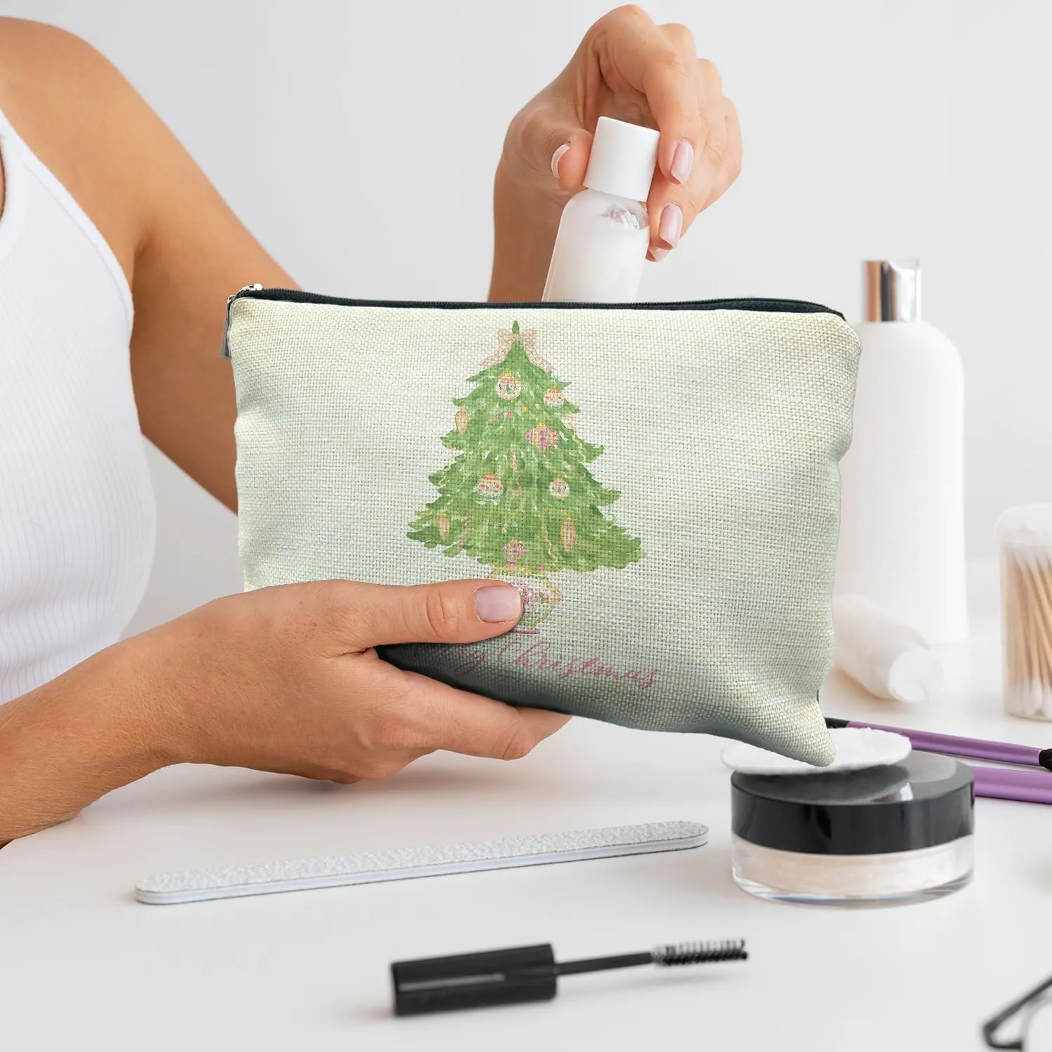 Chinoiserie Christmas Tree Cosmetic Pouch, Merry Christmas Makeup Bag for Women, Pink and Green