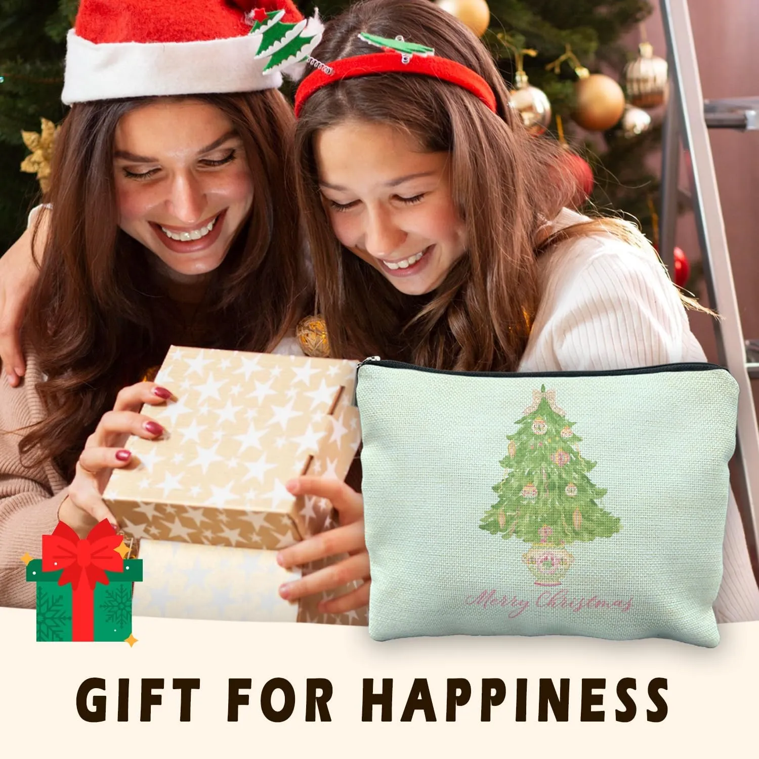 Chinoiserie Christmas Tree Cosmetic Pouch, Merry Christmas Makeup Bag for Women, Pink and Green