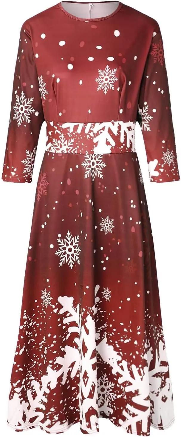 Christmas Dress Retro Fashion Christmas Print Round Neck Half Sleeve Tunic Dress Holiday Party Midi Swing Dress