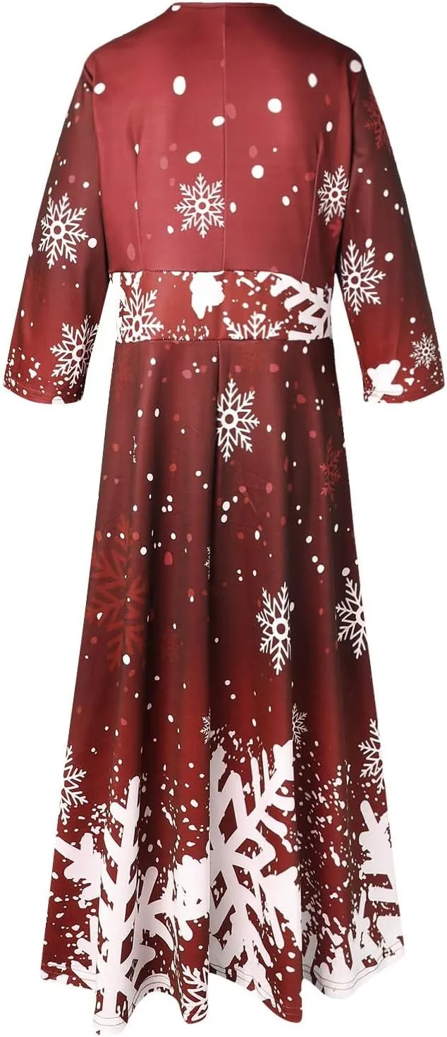 Christmas Dress Retro Fashion Christmas Print Round Neck Half Sleeve Tunic Dress Holiday Party Midi Swing Dress