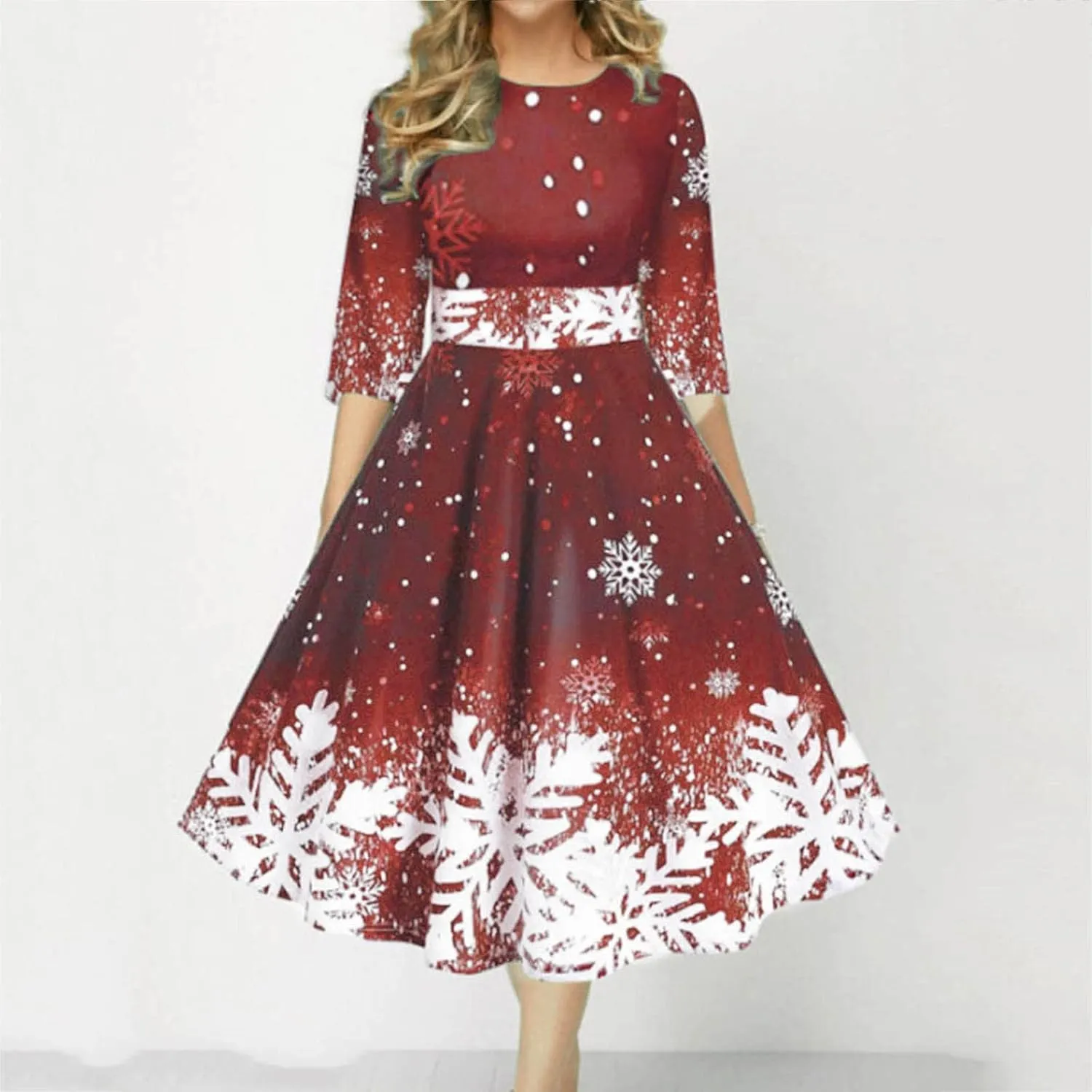 Christmas Dress Retro Fashion Christmas Print Round Neck Half Sleeve Tunic Dress Holiday Party Midi Swing Dress
