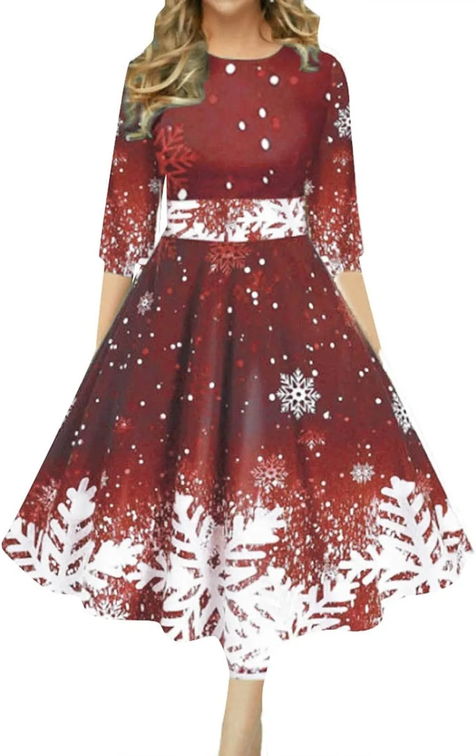 Christmas Dress Retro Fashion Christmas Print Round Neck Half Sleeve Tunic Dress Holiday Party Midi Swing Dress