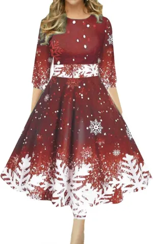 Christmas Dress Retro Fashion Christmas Print Round Neck Half Sleeve Tunic Dress Holiday Party Midi Swing Dress