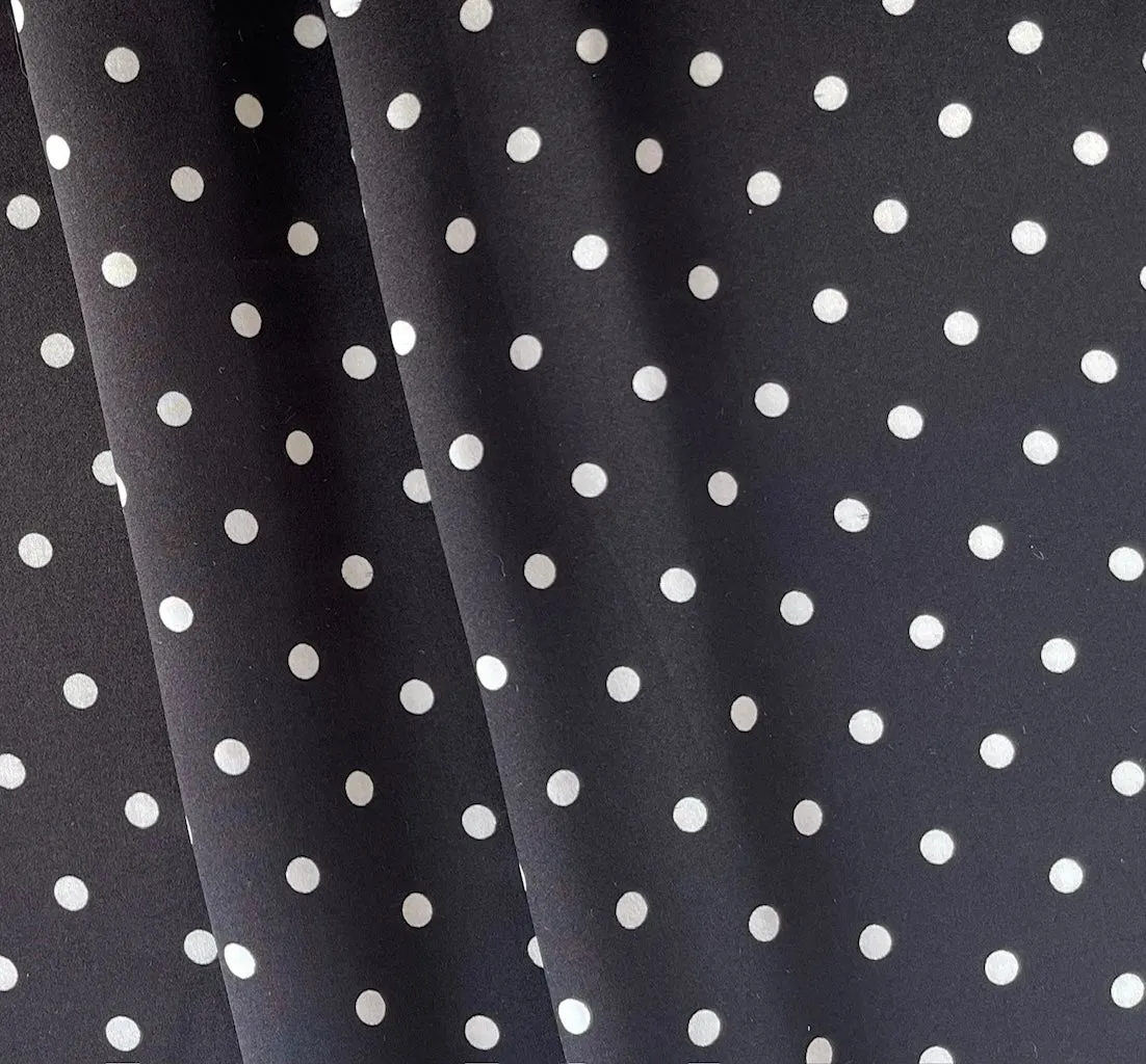 Classic Jet Black & White Polka Dots Silk Satin Charmeuse (Made in Italy)