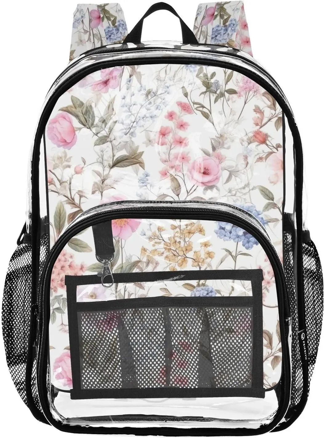Clear Backpack Heavy Duty 15.7 Inch Blue Flowers White See Through Backpack Clear Bag Large Bookbag for Stadium Approved for College School Work Concert