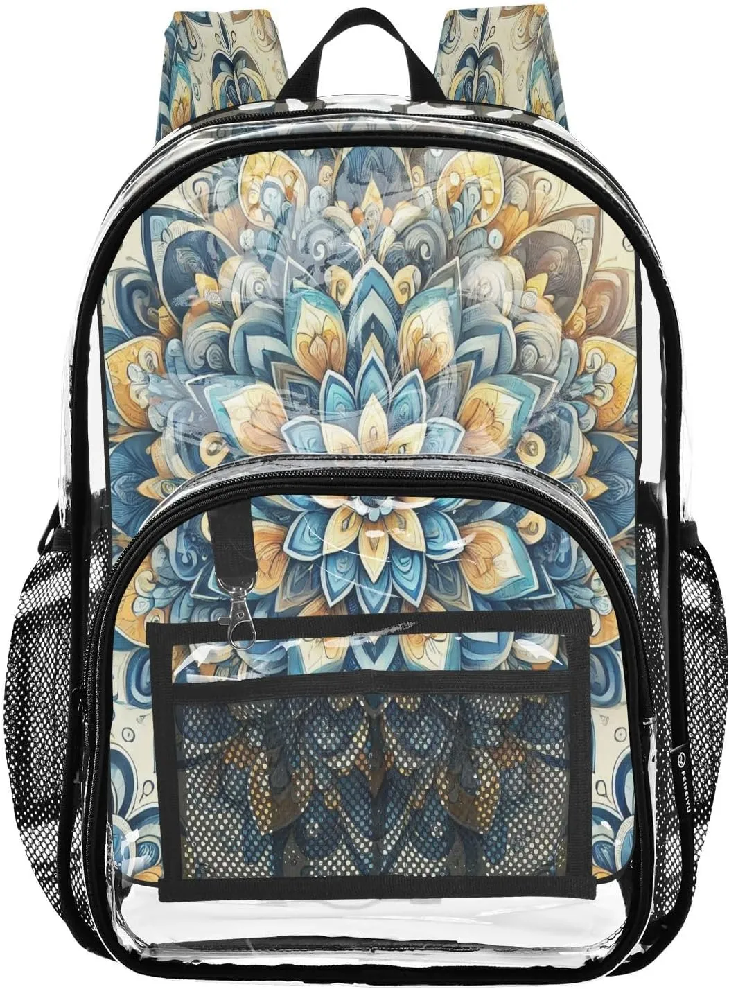 Clear Backpack Heavy Duty 15.7 Inch Boho Blue See Through Backpack Clear Bag Large Bookbag for Stadium Approved for School Concert Work College