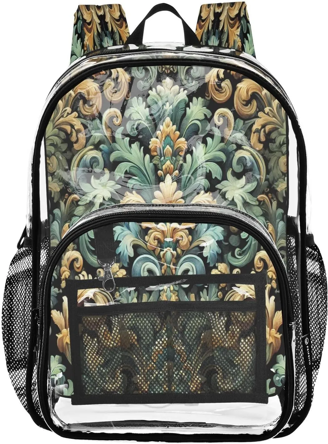 Clear Backpack Heavy Duty 15.7 Inch Boho Green Yellow See Through Backpack Clear Bookbag for Stadium Approved Large Bag for School Concert Work College