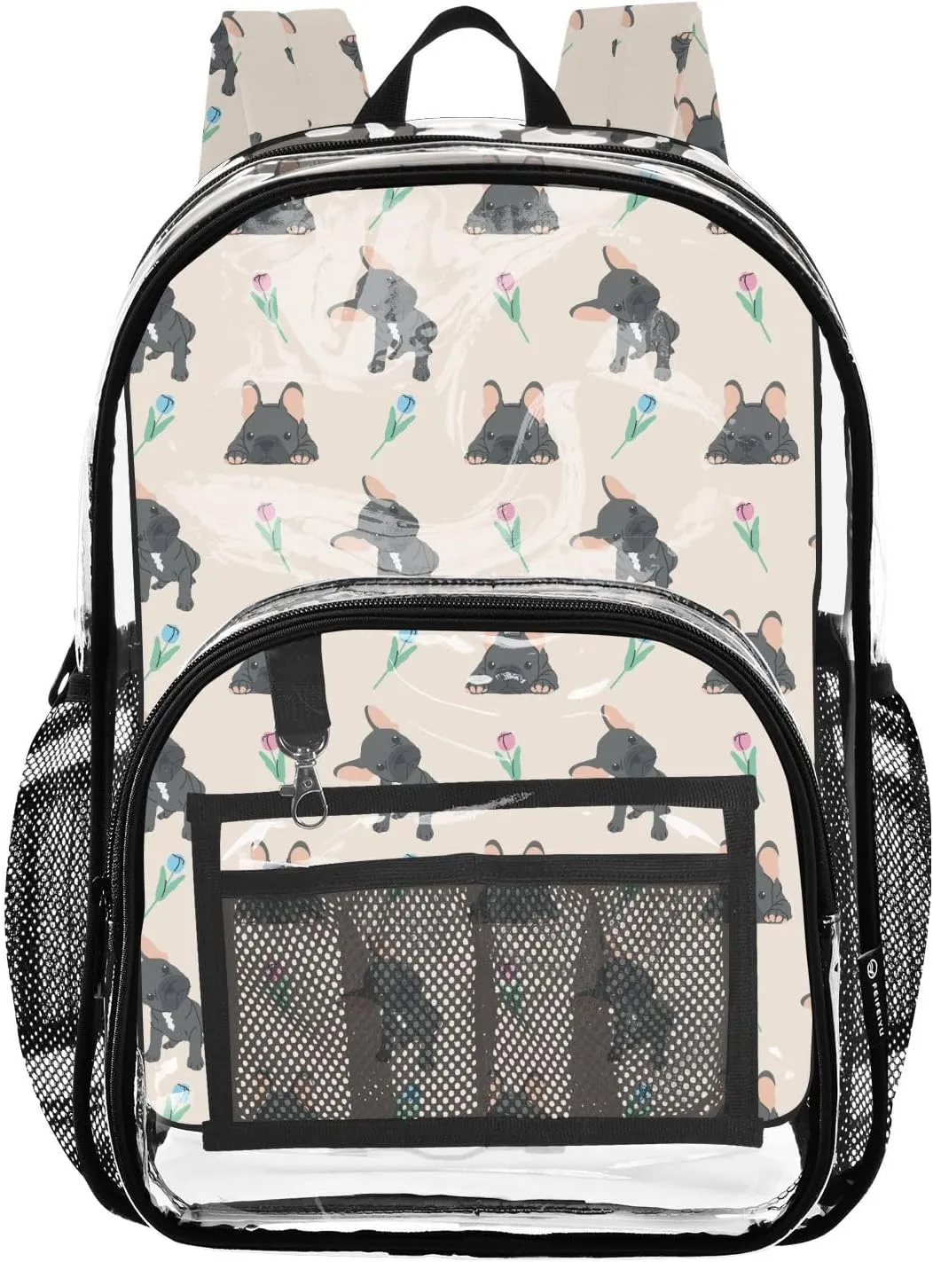 Clear Backpack Heavy Duty 15.7 Inch Bulldog Roses Dog See Through Backpack Clear Bag Large Bookbag for Stadium Approved for Concert College School Work