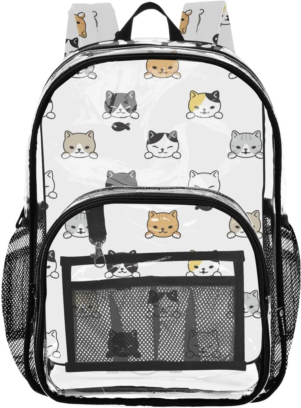 Clear Backpack Heavy Duty 15.7 Inch Cats Fish White Clear Bookbag See Through Backpack Large Bag for Stadium Approved for Work Concert School College