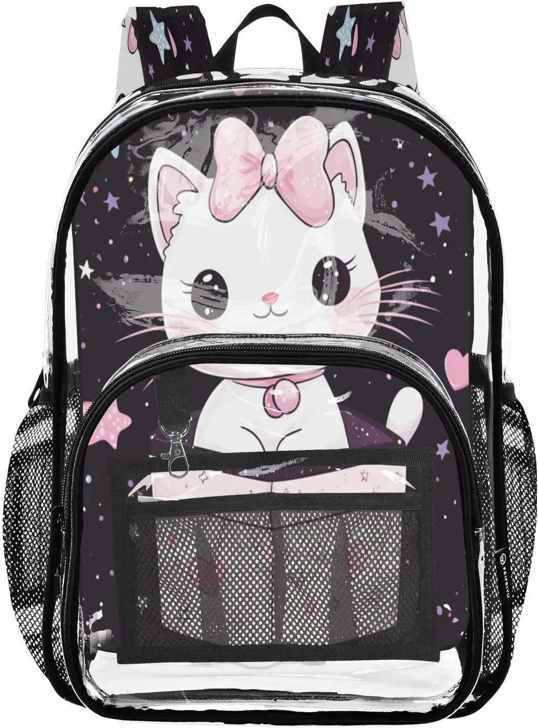 Clear Backpack Heavy Duty 15.7 Inch Cute Cats Black Clear Bookbag Large Bag for Stadium Approved See Through Backpack for School Concert Work College